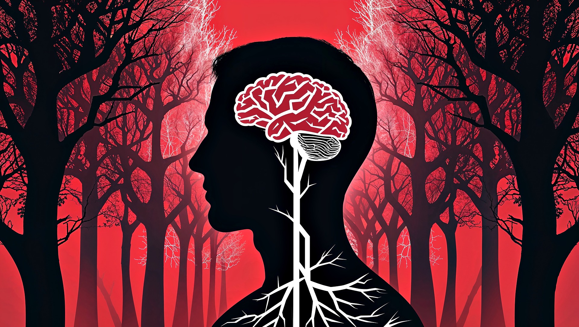 Abstract brain silhouette with neural forest, symbolizing cognitive growth